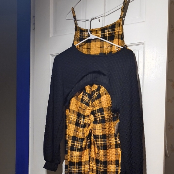 Jolie & Joy by FCT With Love Pants - Black & Mustard Plaid Jumpsuit with Black Knit Overlay